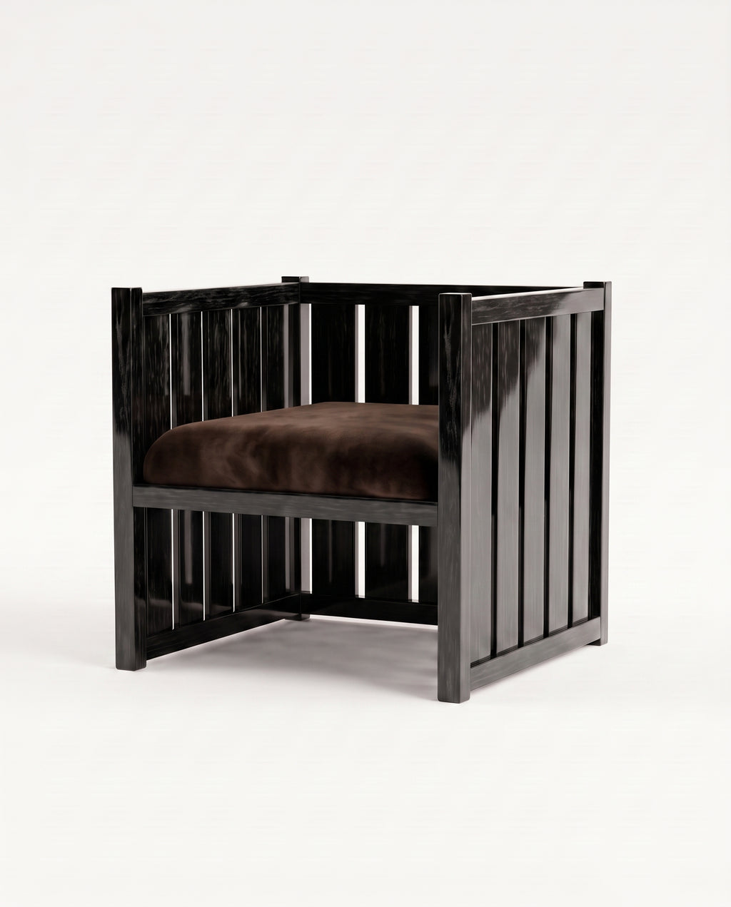Cardinal armchair in black lacquered wood with slatted sides and dark chocolate velvet seat, Monde Singulier Editions, three-quarter view
