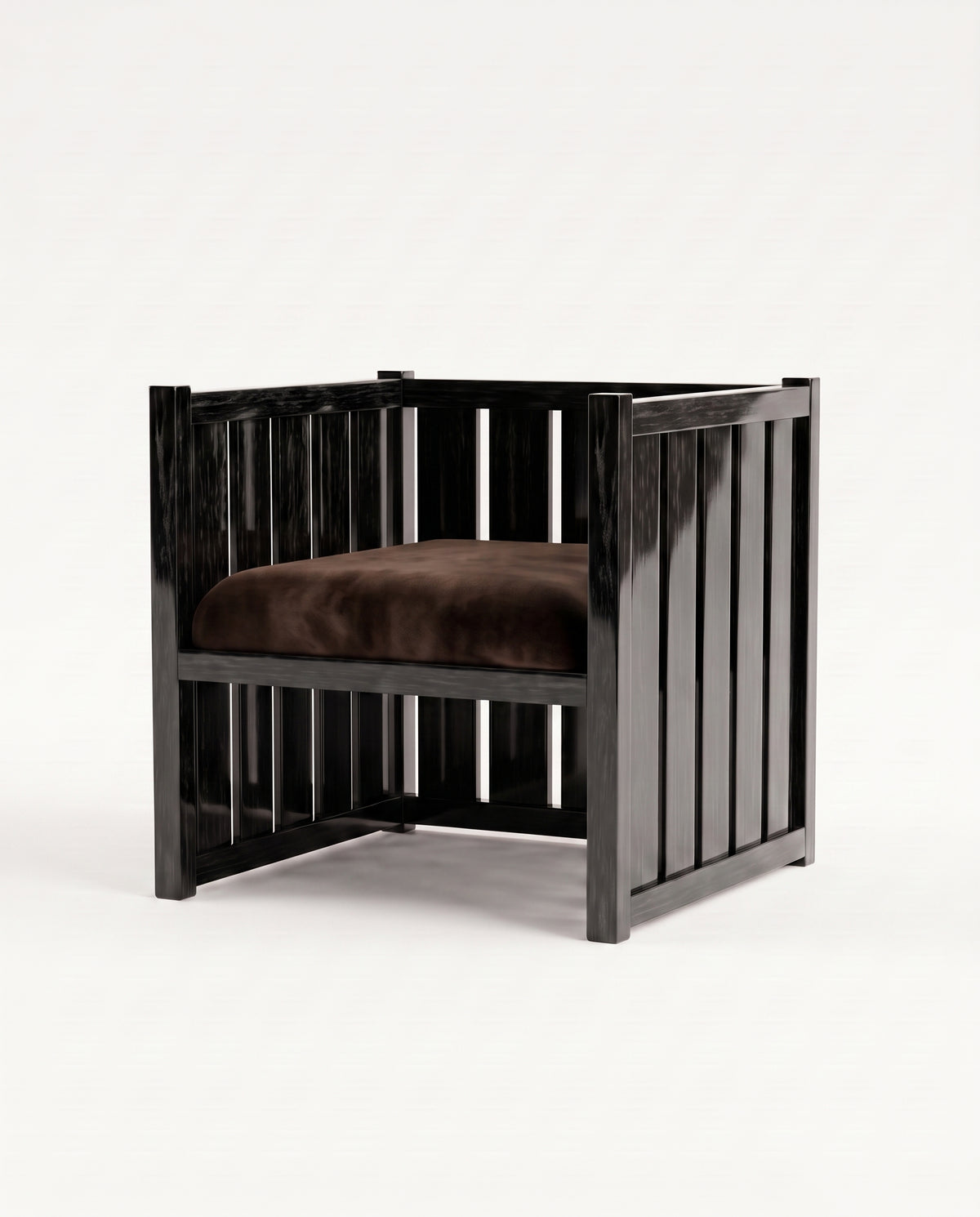 Cardinal armchair in black lacquered wood with slatted sides and dark chocolate velvet seat, Monde Singulier Editions, three-quarter view