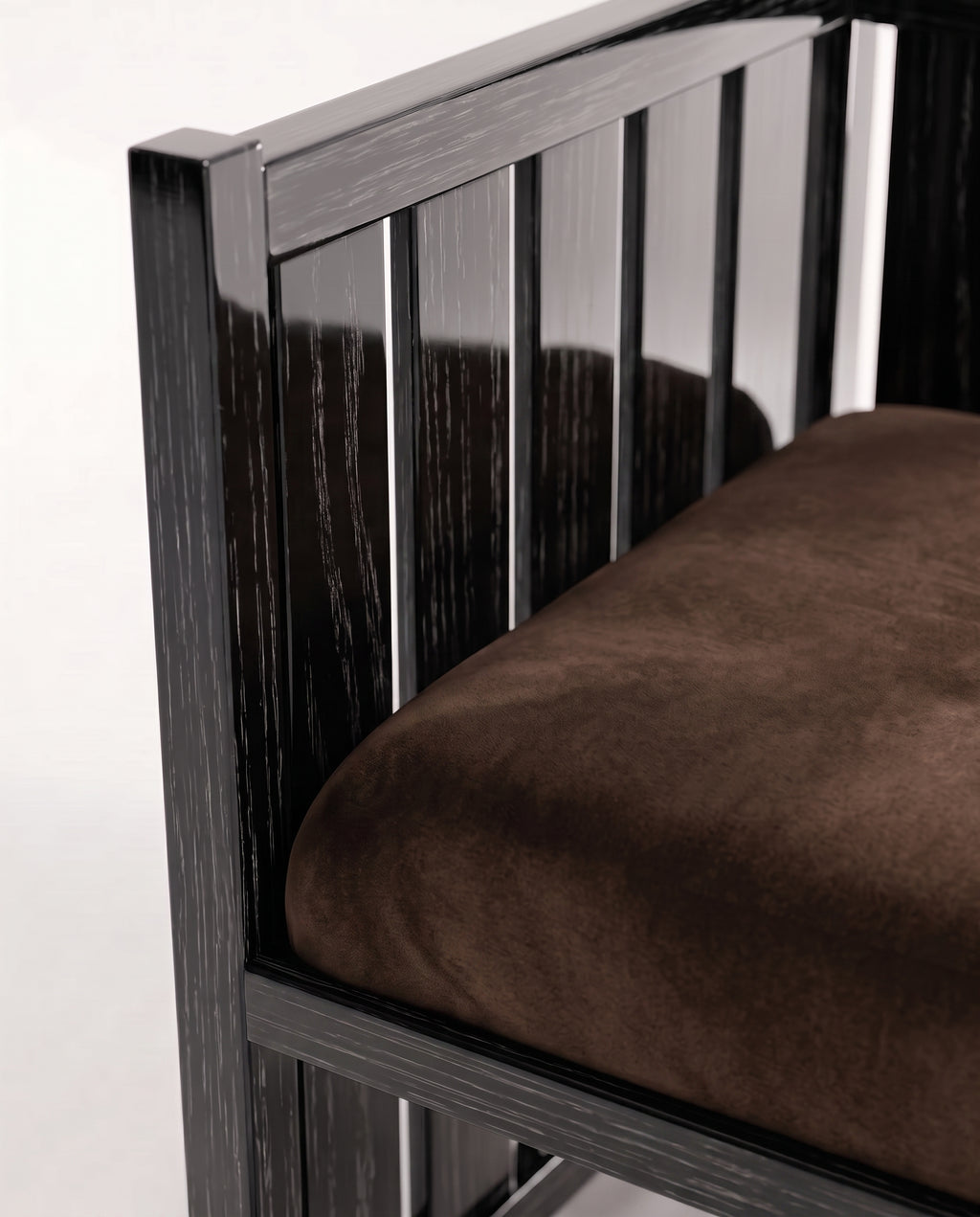 Cardinal collection, close-up of the black lacquer slats and dark chocolate velvet cushion, Monde Singulier Editions