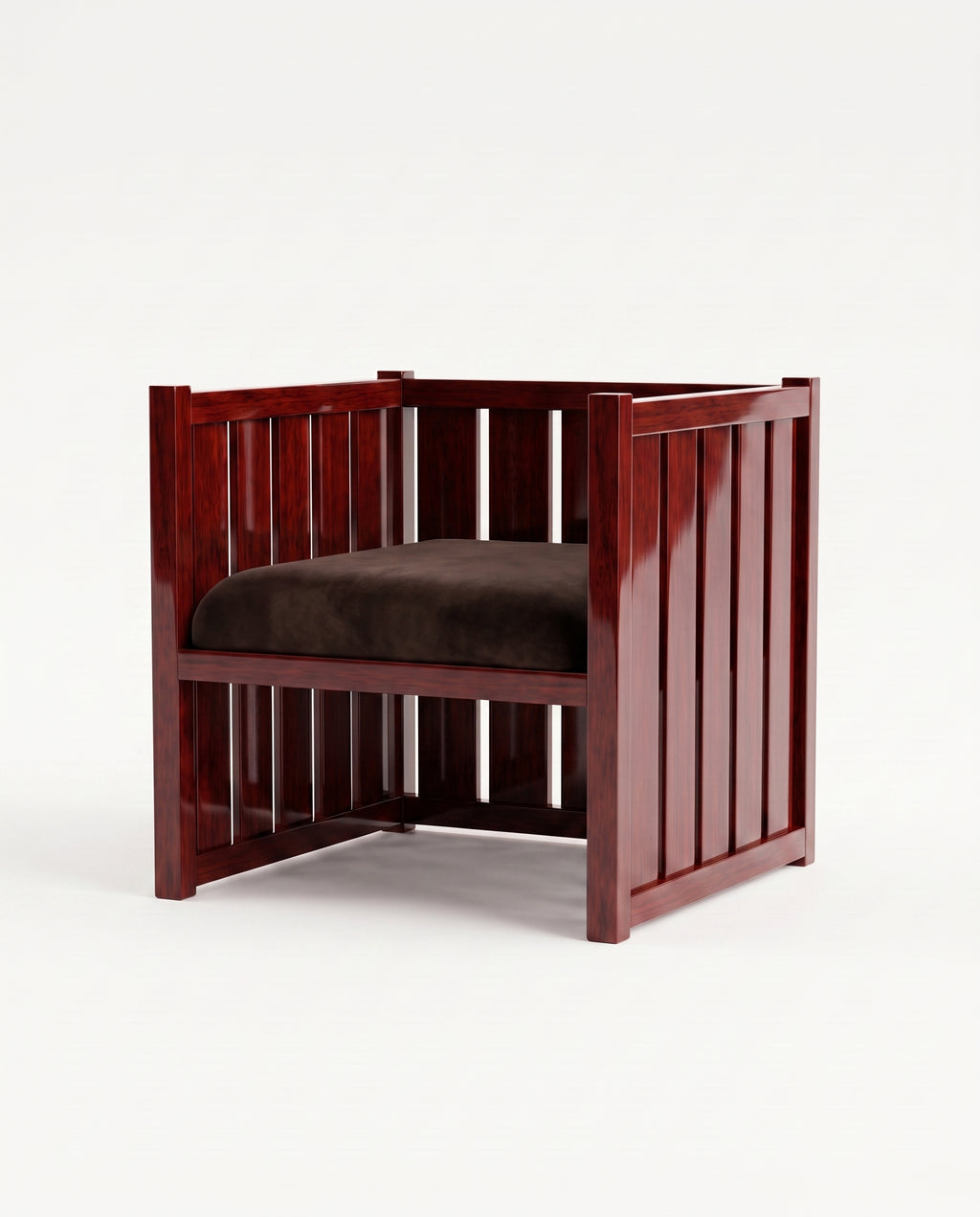 Cardinal armchair in mahogany lacquered wood with slatted sides and brown velvet seat, Monde Singulier Editions, three-quarter view