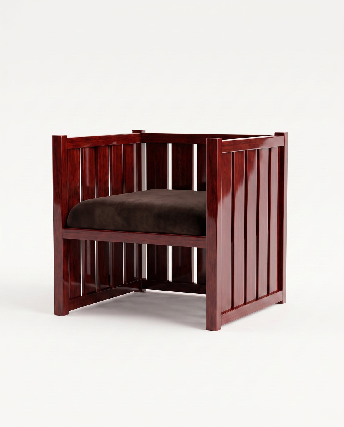 Cardinal armchair in mahogany lacquered wood with slatted sides and brown velvet seat, Monde Singulier Editions, three-quarter view