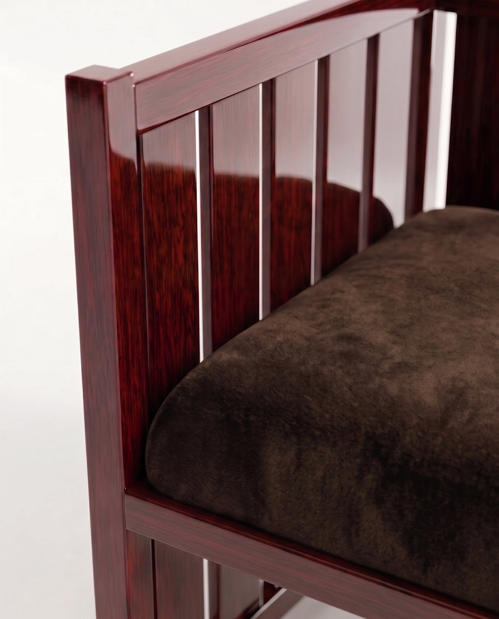 Cardinal armchair, close-up of the mahogany lacquer slats and brown velvet cushion, Monde Singulier Editions