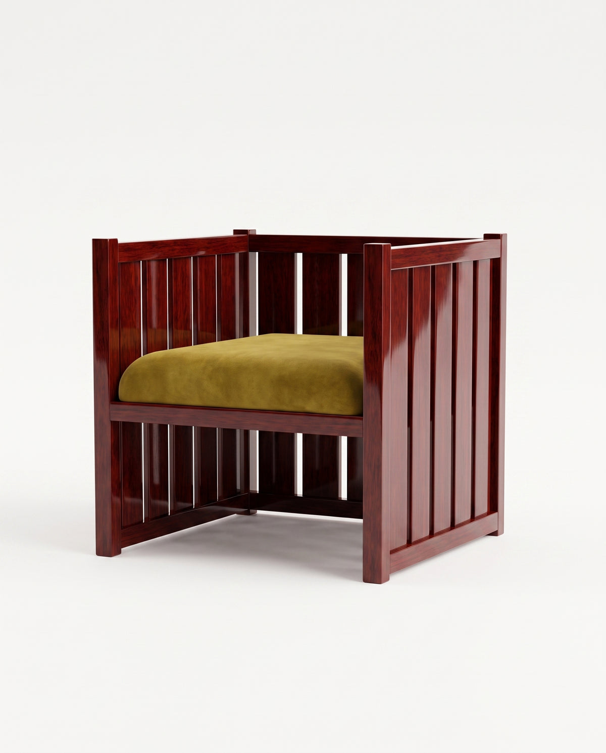 Cardinal armchair in mahogany lacquered wood with slatted sides and green velvet seat, Monde Singulier Editions, three-quarter view