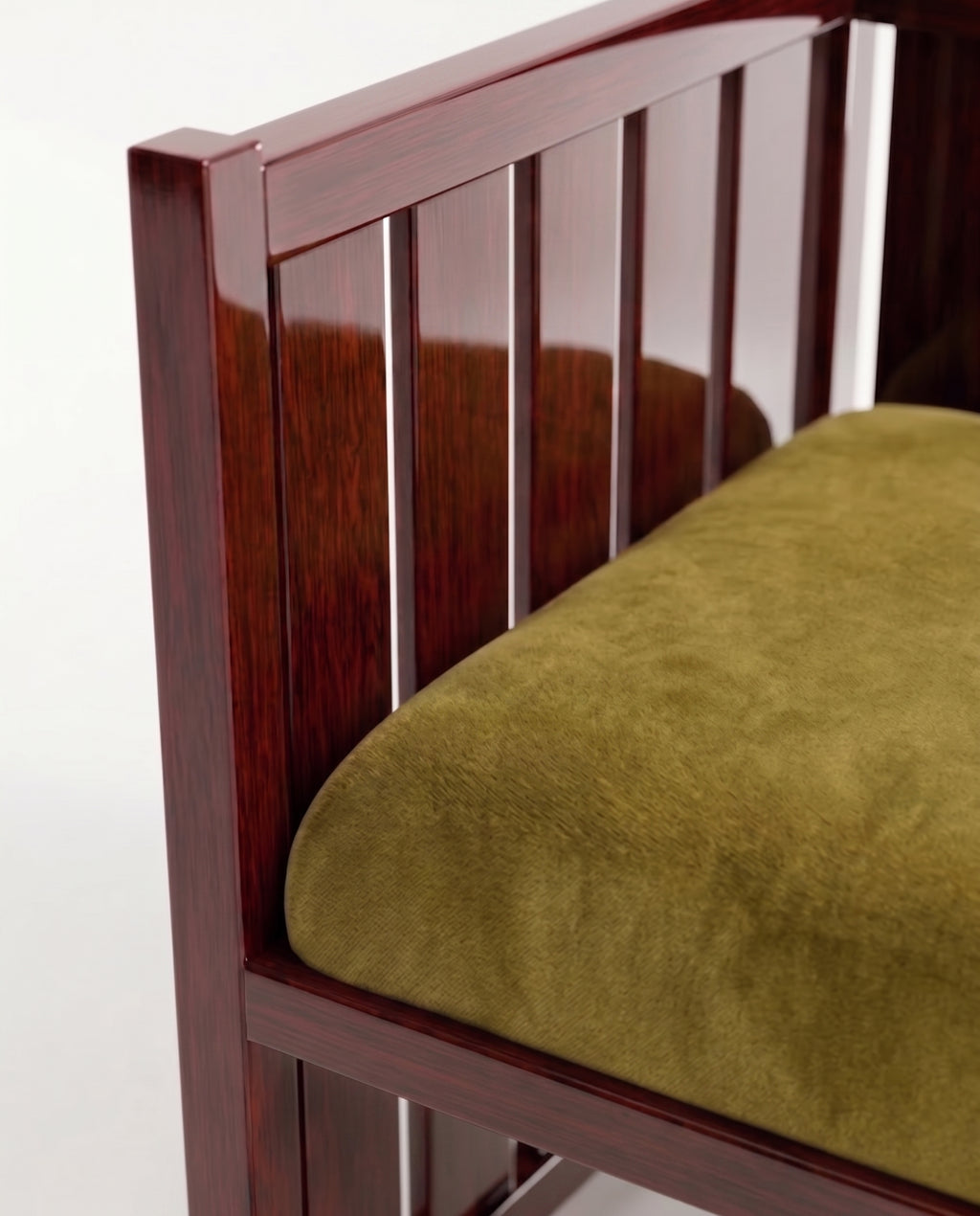 Cardinal armchair, close-up of the mahogany lacquer slats and green velvet cushion, Monde Singulier Editions
