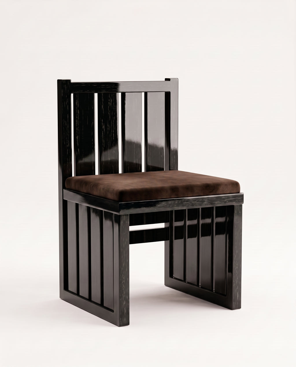 Cardinal dining chair in black lacquered wood with slatted back and base and dark chocolate velvet seat, Monde Singulier Editions, three-quarter view