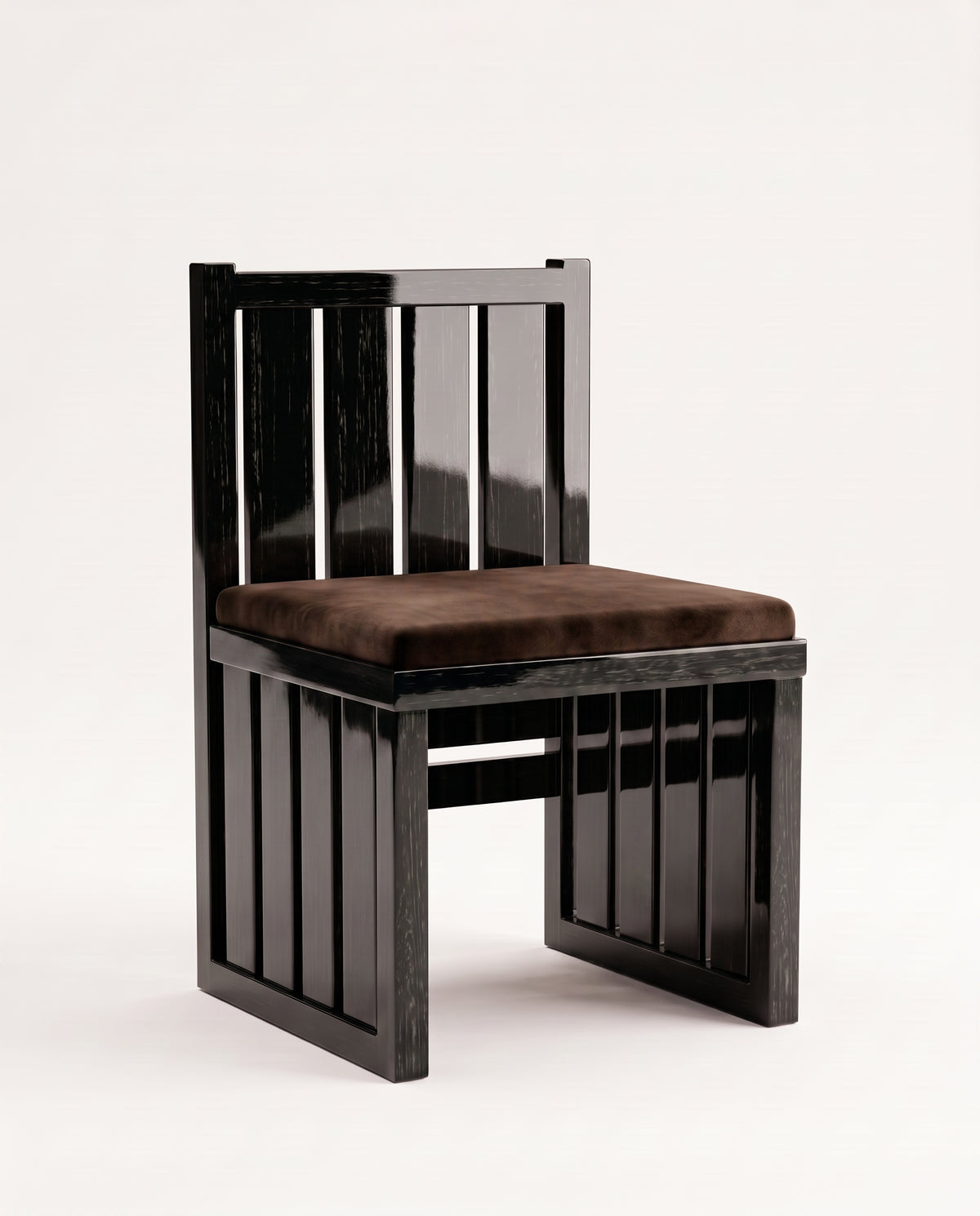 Cardinal dining chair in black lacquered wood with slatted back and base and dark chocolate velvet seat, Monde Singulier Editions, three-quarter view