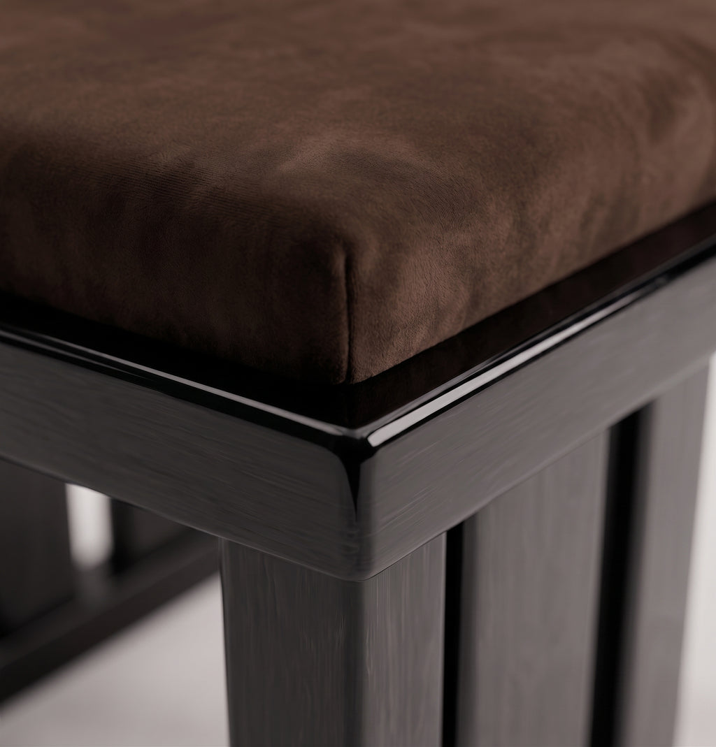 Cardinal chair, close-up of the dark chocolate velvet seat and black lacquer slatted base, Monde Singulier Editions