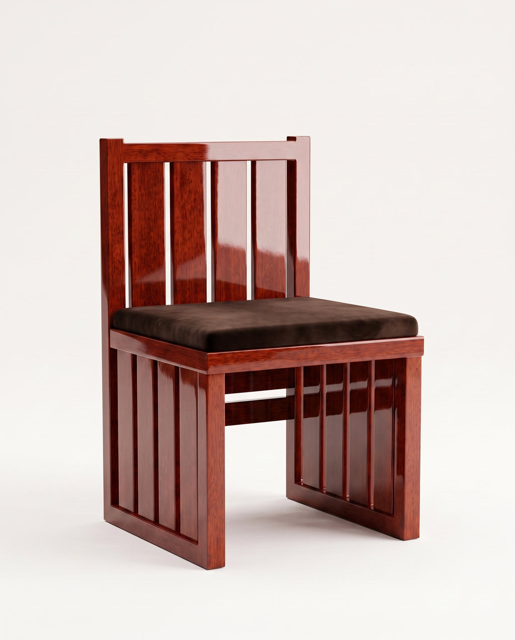 Cardinal dining chair in mahogany lacquered wood with slatted back and base and brown velvet seat, Monde Singulier Editions, three-quarter view