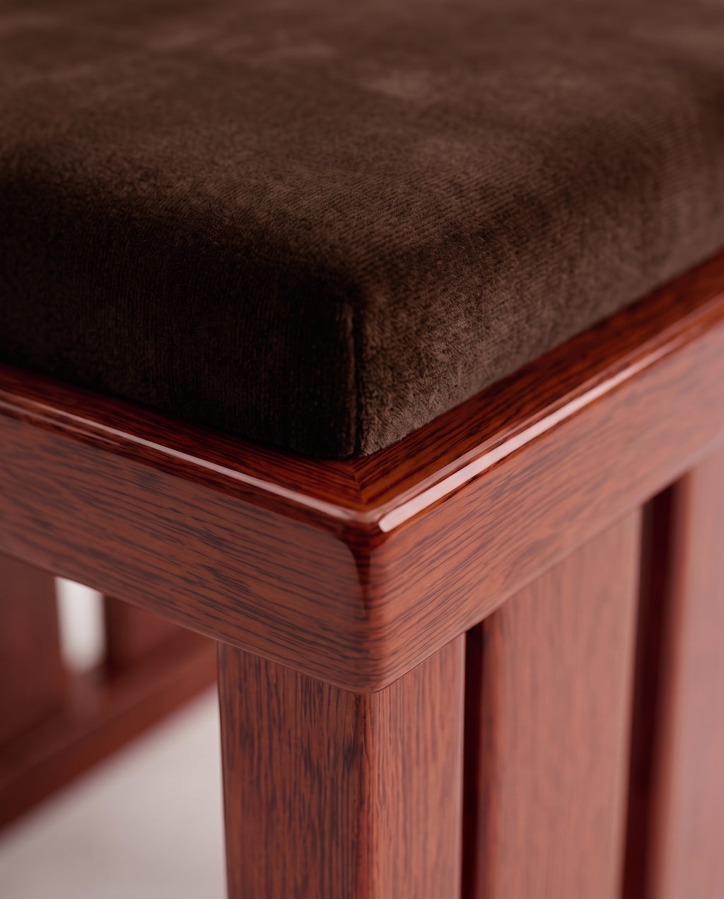 Cardinal chair, close-up of the brown velvet seat and mahogany lacquer slatted base, Monde Singulier Editions