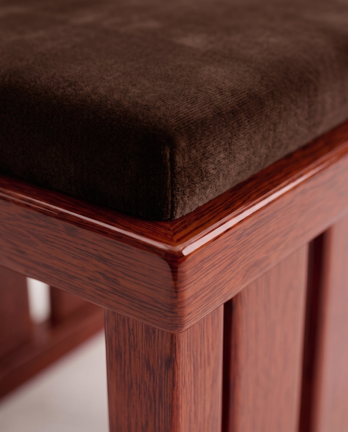 Cardinal chair, close-up of the brown velvet seat and mahogany lacquer slatted base, Monde Singulier Editions