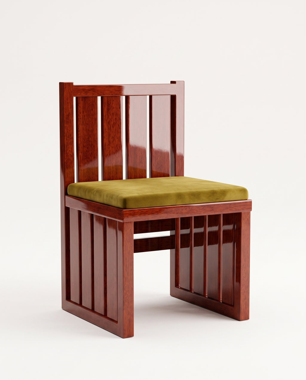 Cardinal dining chair in mahogany lacquered wood with slatted back and base and green velvet seat, Monde Singulier Editions, three-quarter view