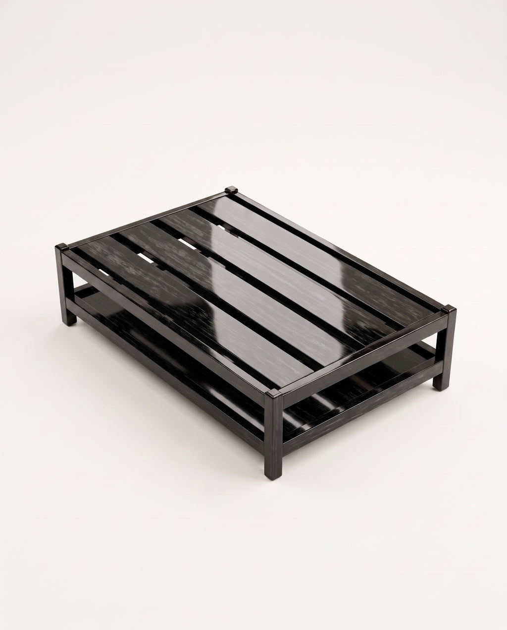 Cardinal low rectangular coffee table in black lacquered wood with slatted top and base, Monde Singulier Editions, three-quarter view