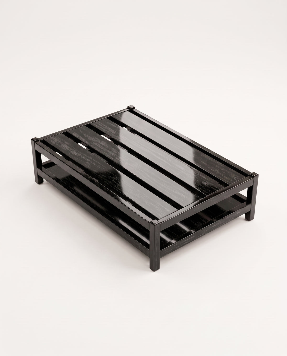 Cardinal low rectangular coffee table in black lacquered wood with slatted top and base, Monde Singulier Editions, three-quarter view