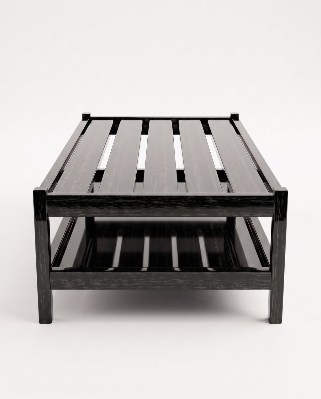 Cardinal coffee table in black lacquer, low angle view of the slatted top and lower shelf, Monde Singulier Editions