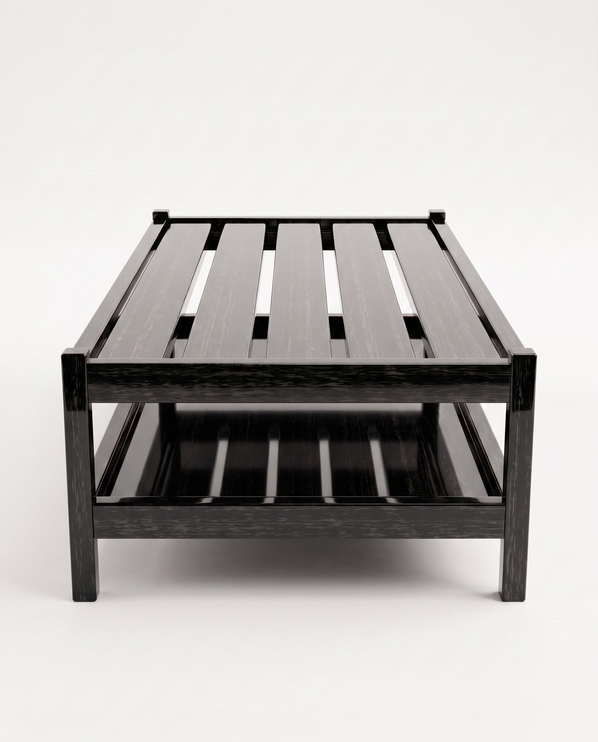 Cardinal coffee table in black lacquer, low angle view of the slatted top and lower shelf, Monde Singulier Editions