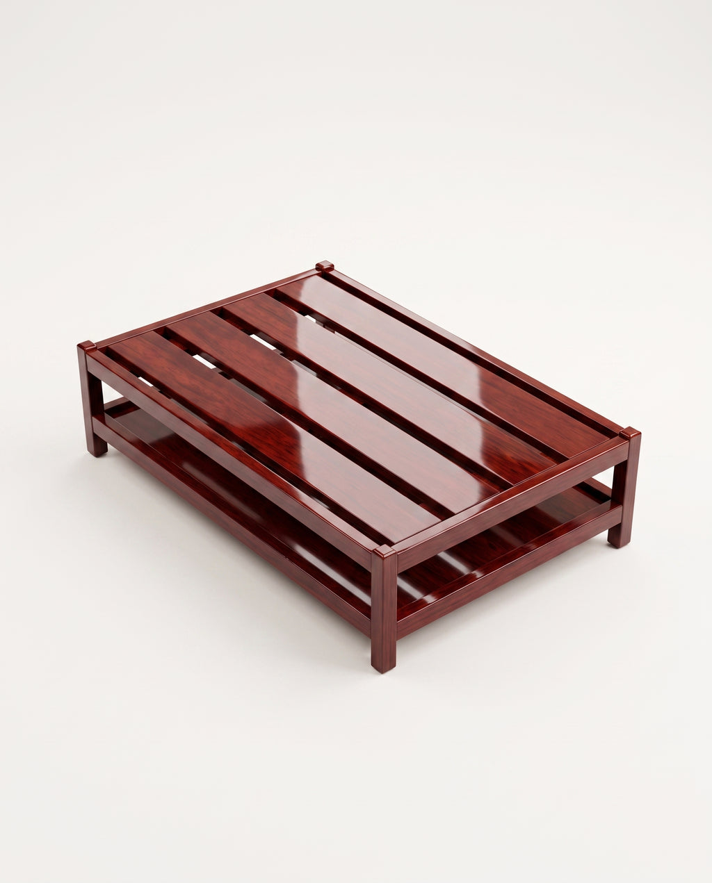 Cardinal low rectangular coffee table in mahogany lacquered wood with slatted top and base, Monde Singulier Editions, three-quarter view