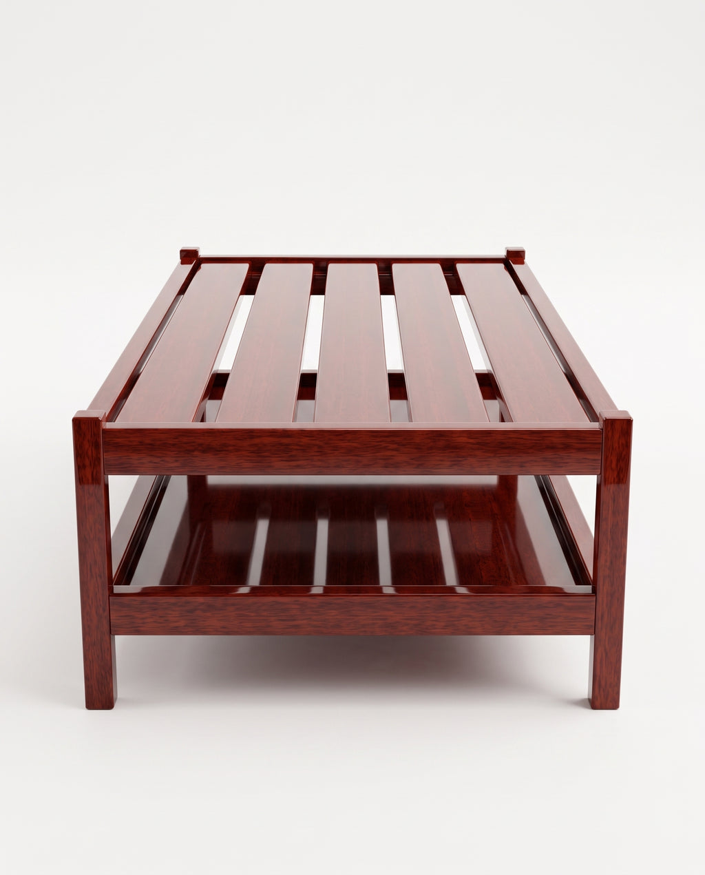 Cardinal coffee table in mahogany lacquer, low angle view of the slatted top and lower shelf, Monde Singulier Editions