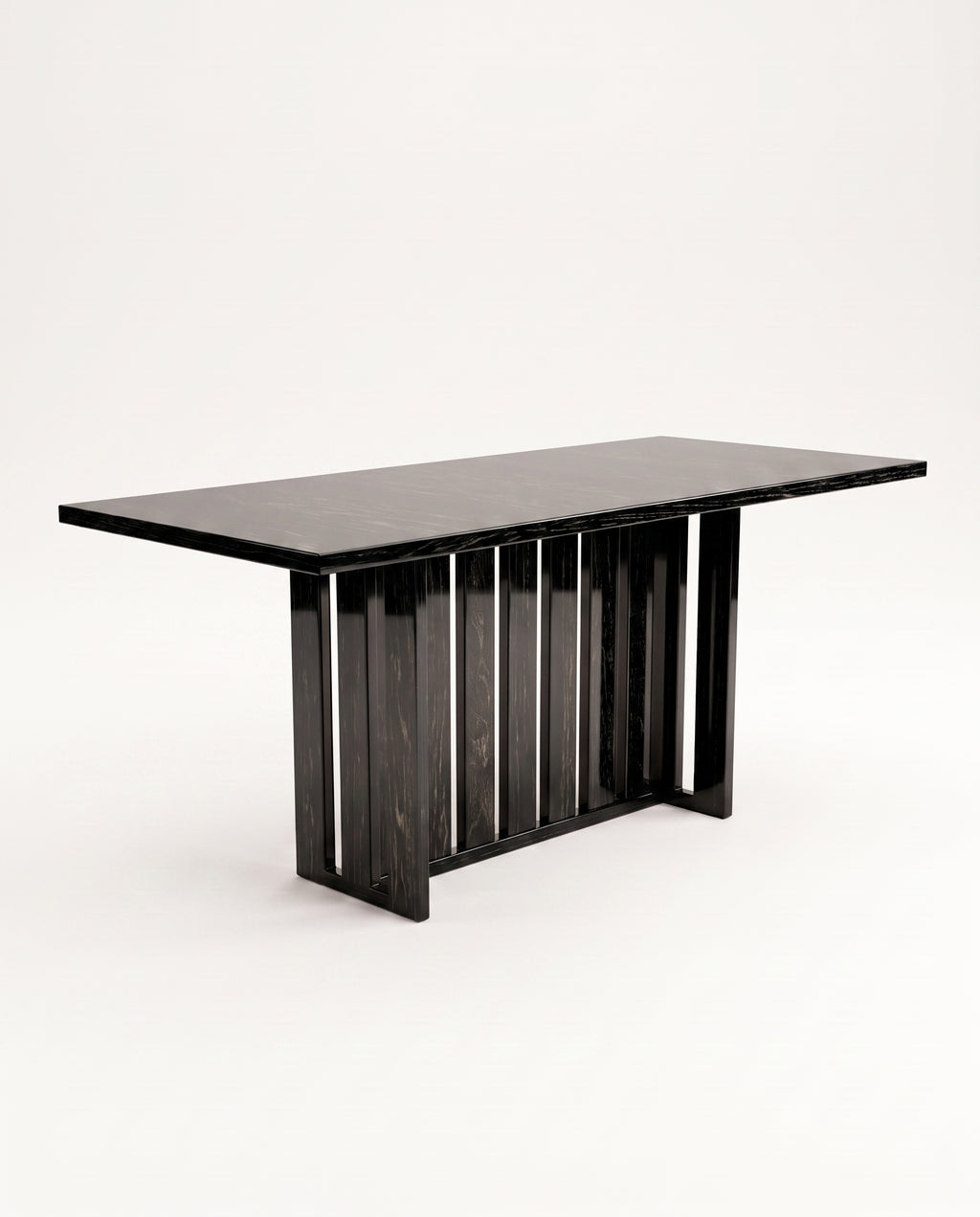 Cardinal rectangular dining table in black lacquered wood on two slatted pedestals, Monde Singulier Editions, three-quarter view