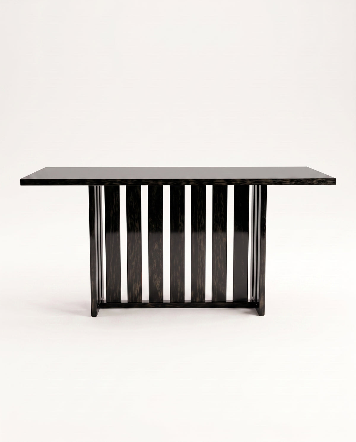 Cardinal dining table in black lacquer, side view of the slatted pedestal base under the long top, Monde Singulier Editions