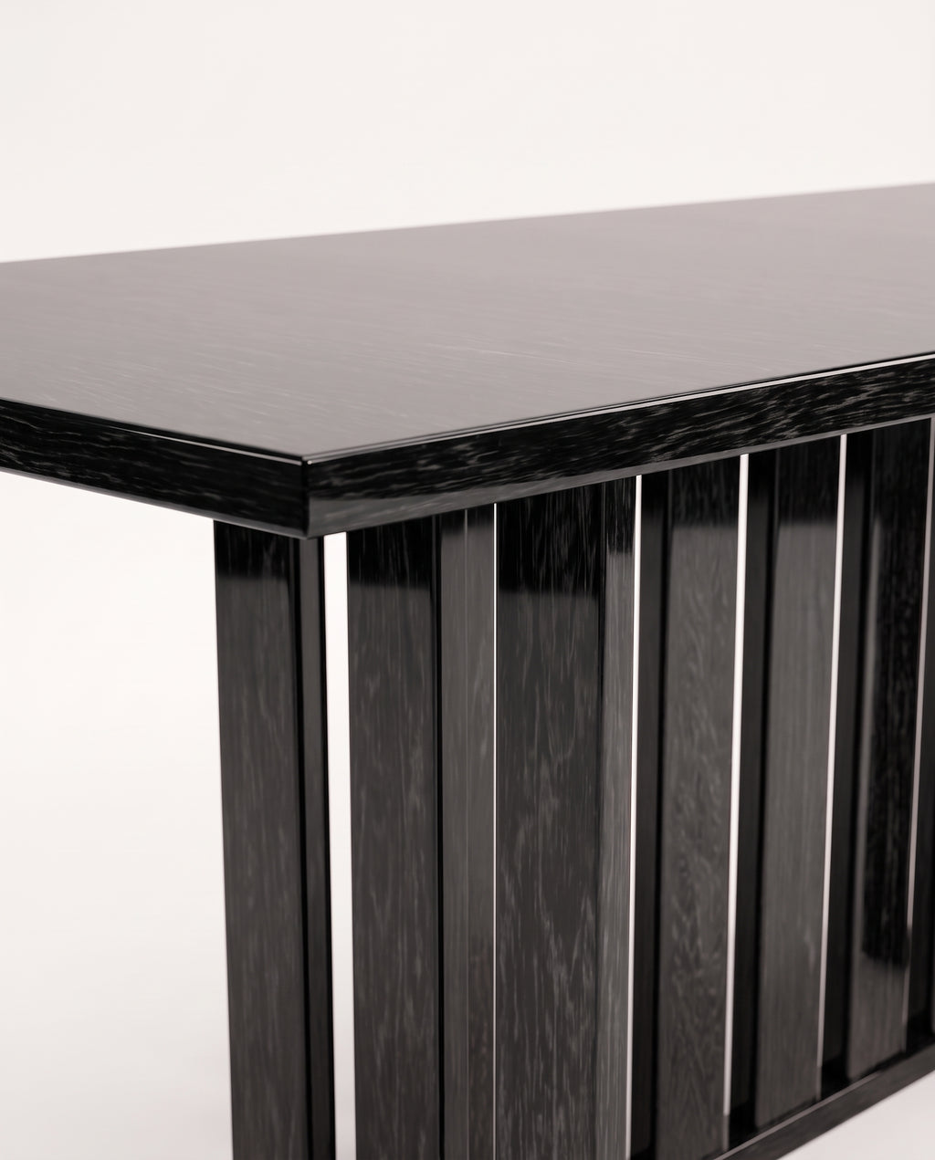 Cardinal dining table, close-up of the black lacquer top edge and slatted pedestal, Monde Singulier Editions