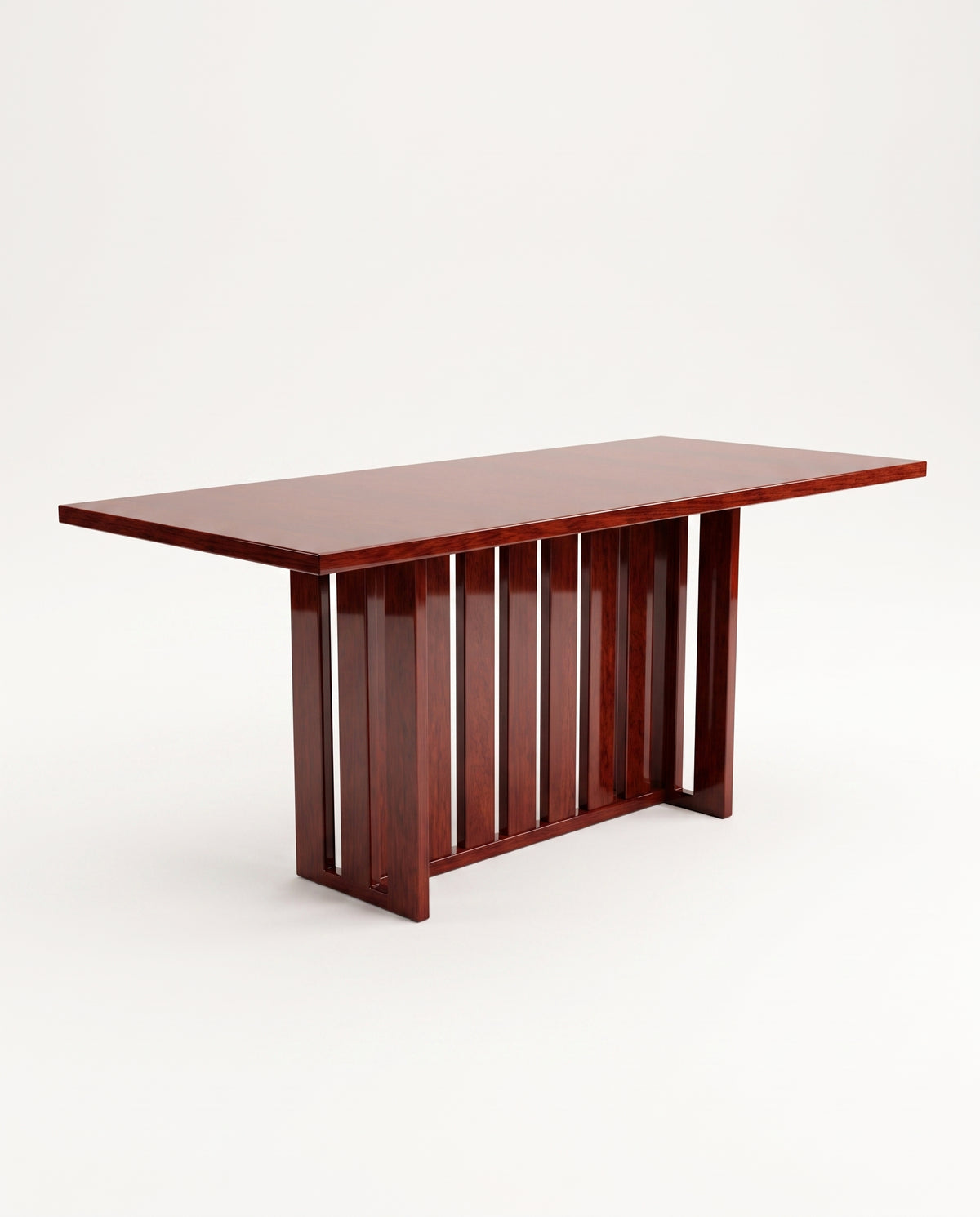 Cardinal rectangular dining table in mahogany lacquered wood on two slatted pedestals, Monde Singulier Editions, three-quarter view