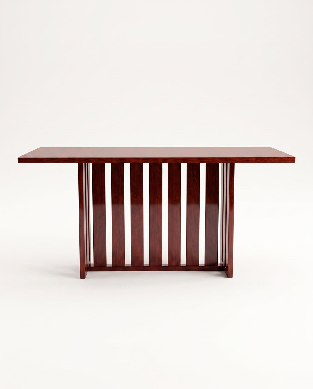 Cardinal dining table in mahogany lacquer, side view of the slatted pedestal base under the long top, Monde Singulier Editions