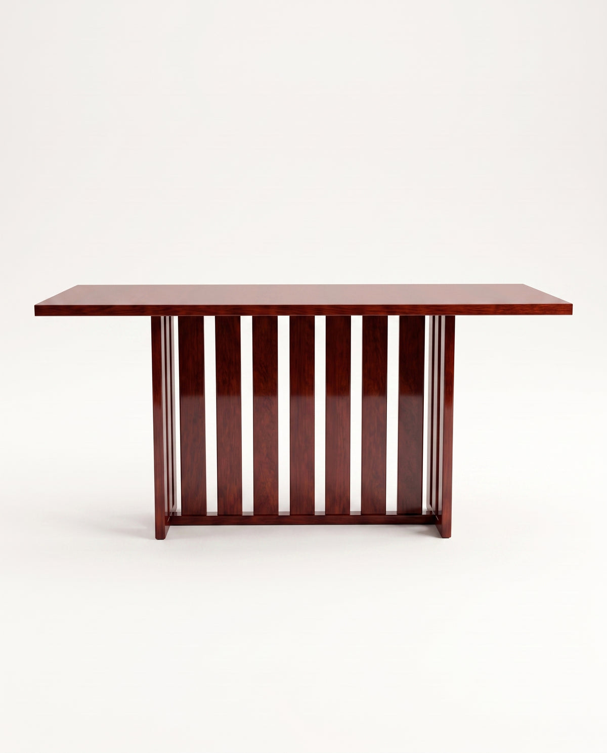 Cardinal dining table in mahogany lacquer, side view of the slatted pedestal base under the long top, Monde Singulier Editions