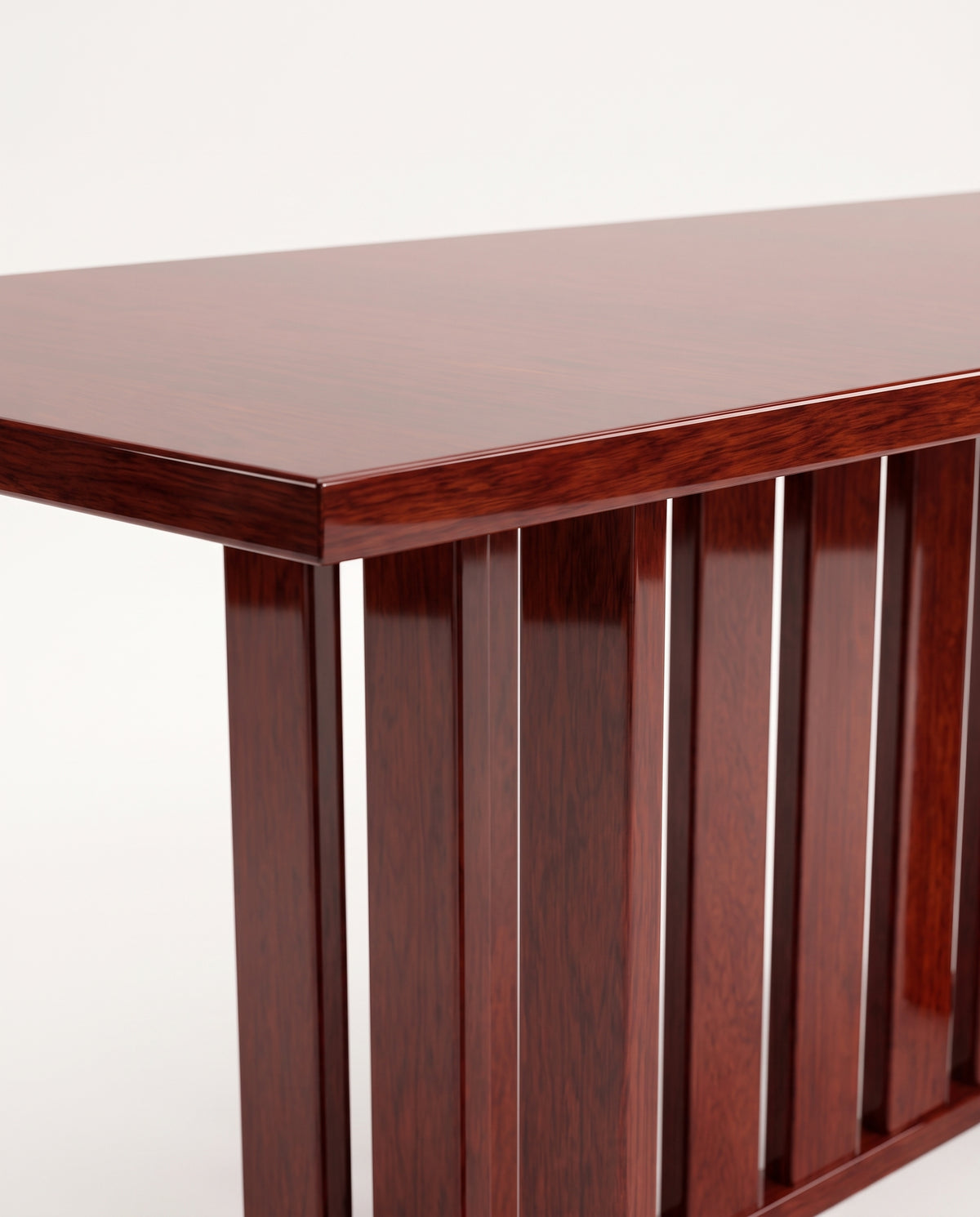 Cardinal dining table, close-up of the mahogany lacquer top edge and slatted pedestal, Monde Singulier Editions