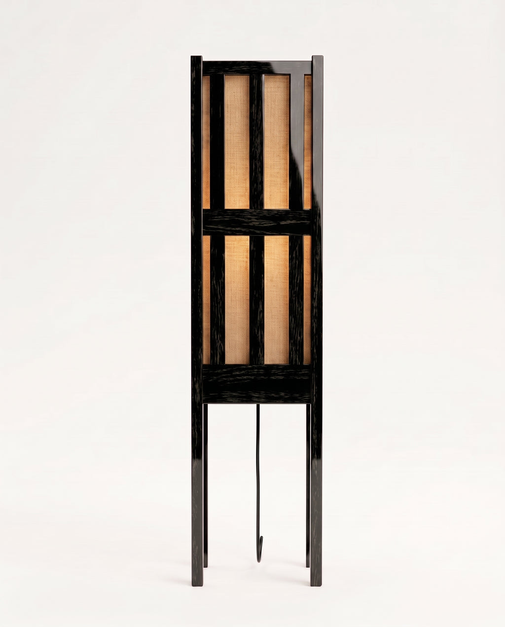 Cardinal floor lamp in black lacquer, front view of the slatted lantern shade and slender column, Monde Singulier Editions