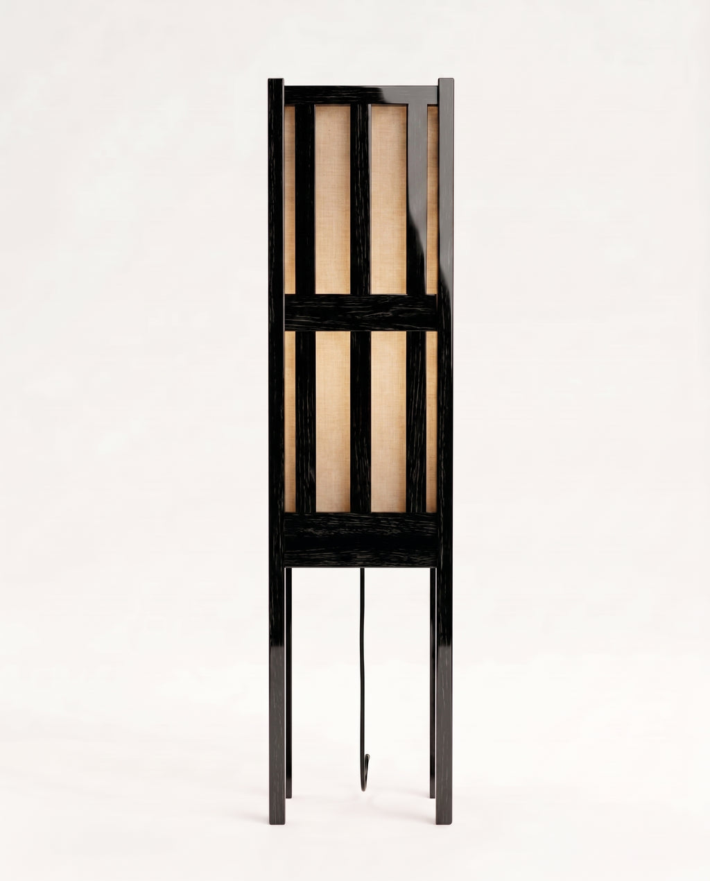 Cardinal floor lamp in black lacquer, close-up of the slatted lantern shade on its slender column, Monde Singulier Editions