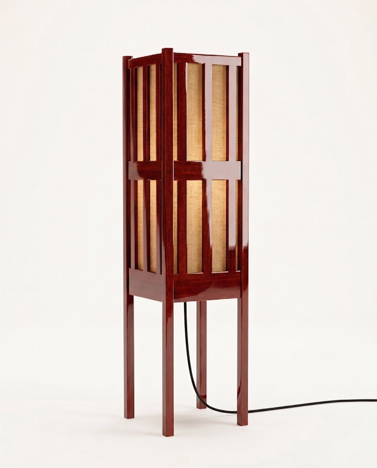 Cardinal floor lamp in mahogany lacquered wood, slatted lantern shade with paper panels on a tall slender frame, Monde Singulier Editions, three-quarter view
