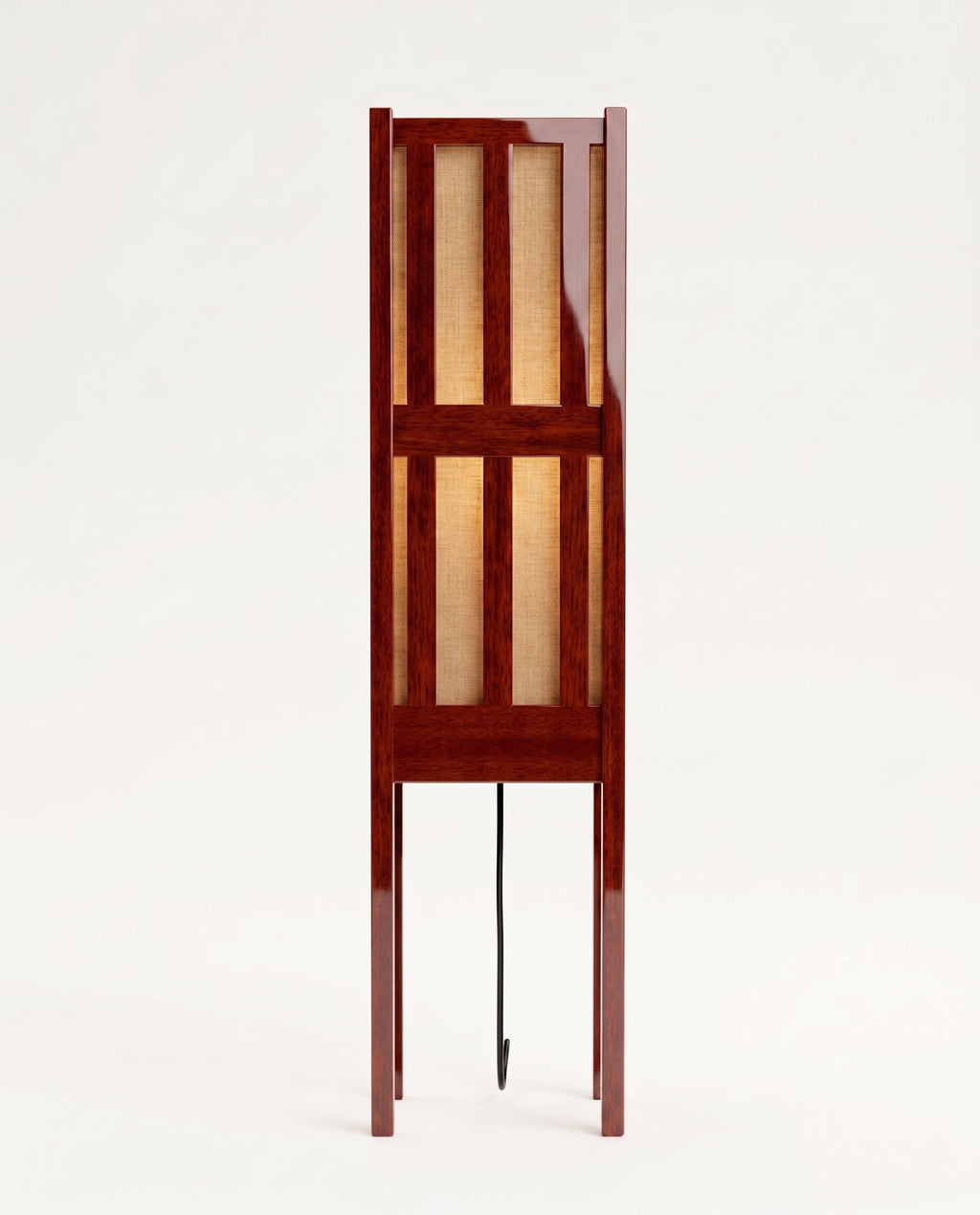Cardinal floor lamp in mahogany lacquer, front view of the slatted lantern shade and slender column, Monde Singulier Editions