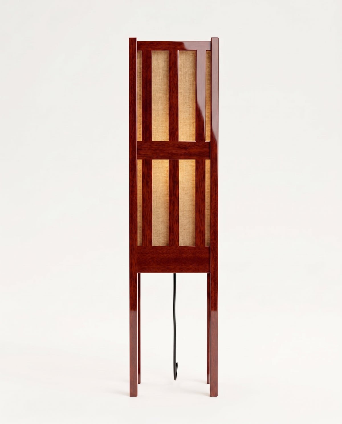 Cardinal floor lamp in mahogany lacquer, front view of the slatted lantern shade and slender column, Monde Singulier Editions