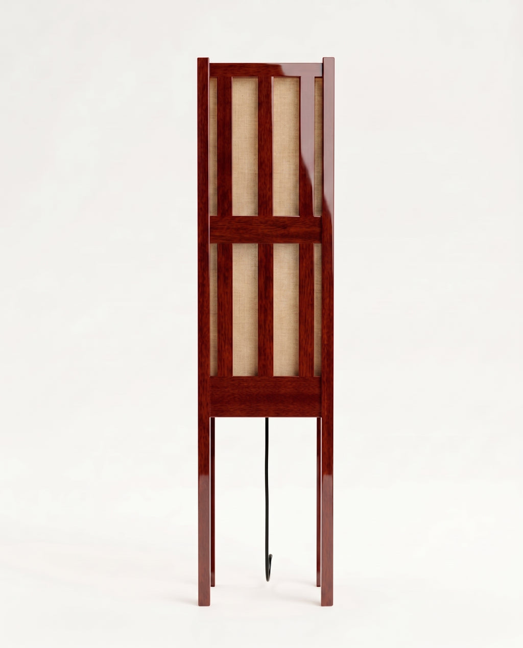 Cardinal floor lamp in mahogany lacquer, close-up of the slatted lantern shade on its slender column, Monde Singulier Editions