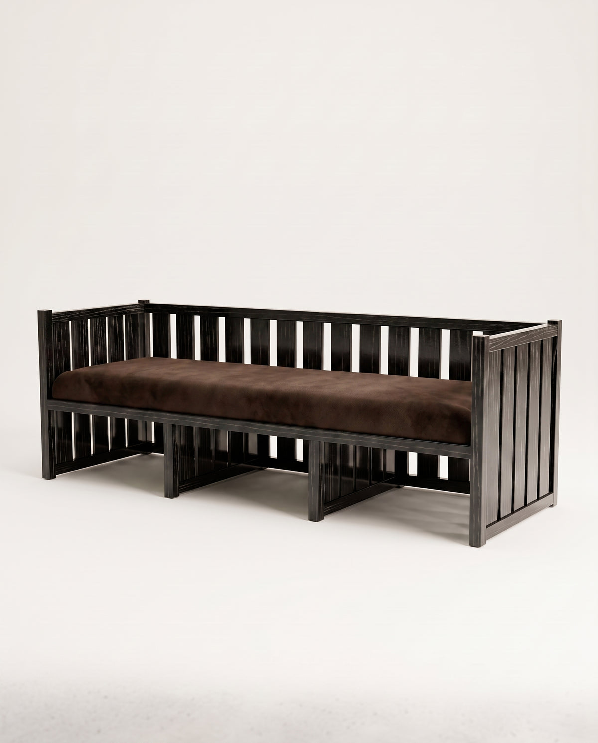 Cardinal three-seat sofa in black lacquered wood with slatted frame and dark chocolate velvet cushion, Monde Singulier Editions, three-quarter view