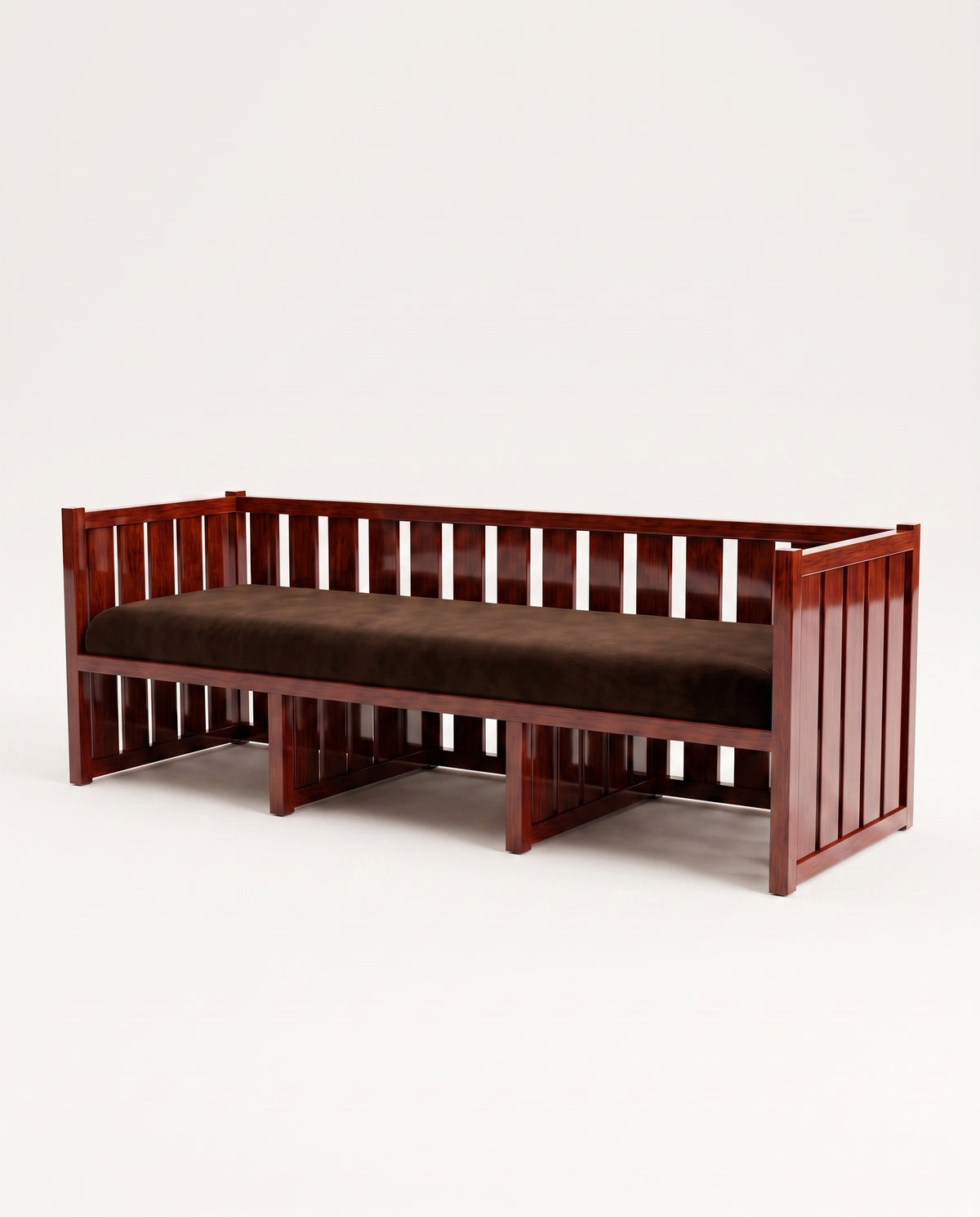 Cardinal three-seat sofa in mahogany lacquered wood with slatted frame and brown velvet cushion, Monde Singulier Editions, three-quarter view