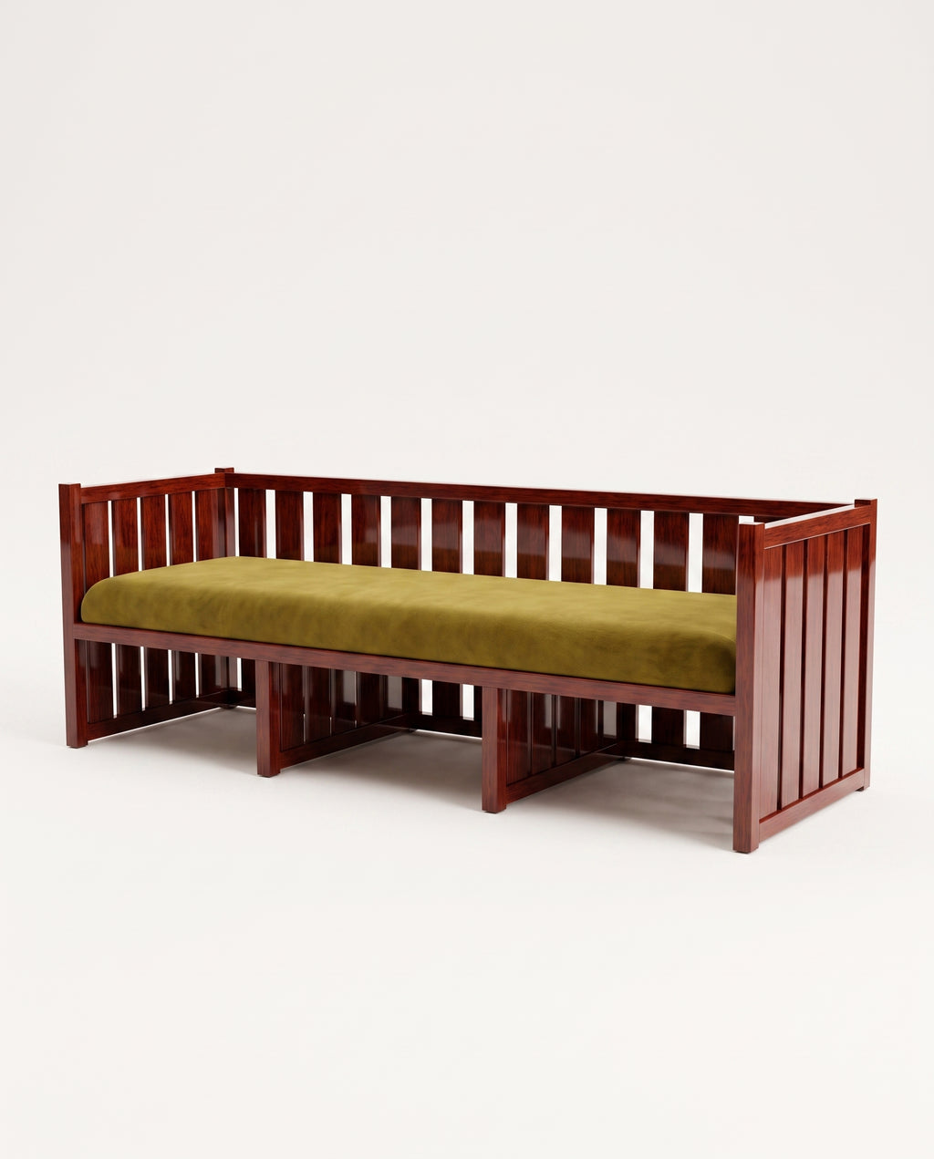 Cardinal three-seat sofa in mahogany lacquered wood with slatted frame and green velvet cushion, Monde Singulier Editions, three-quarter view