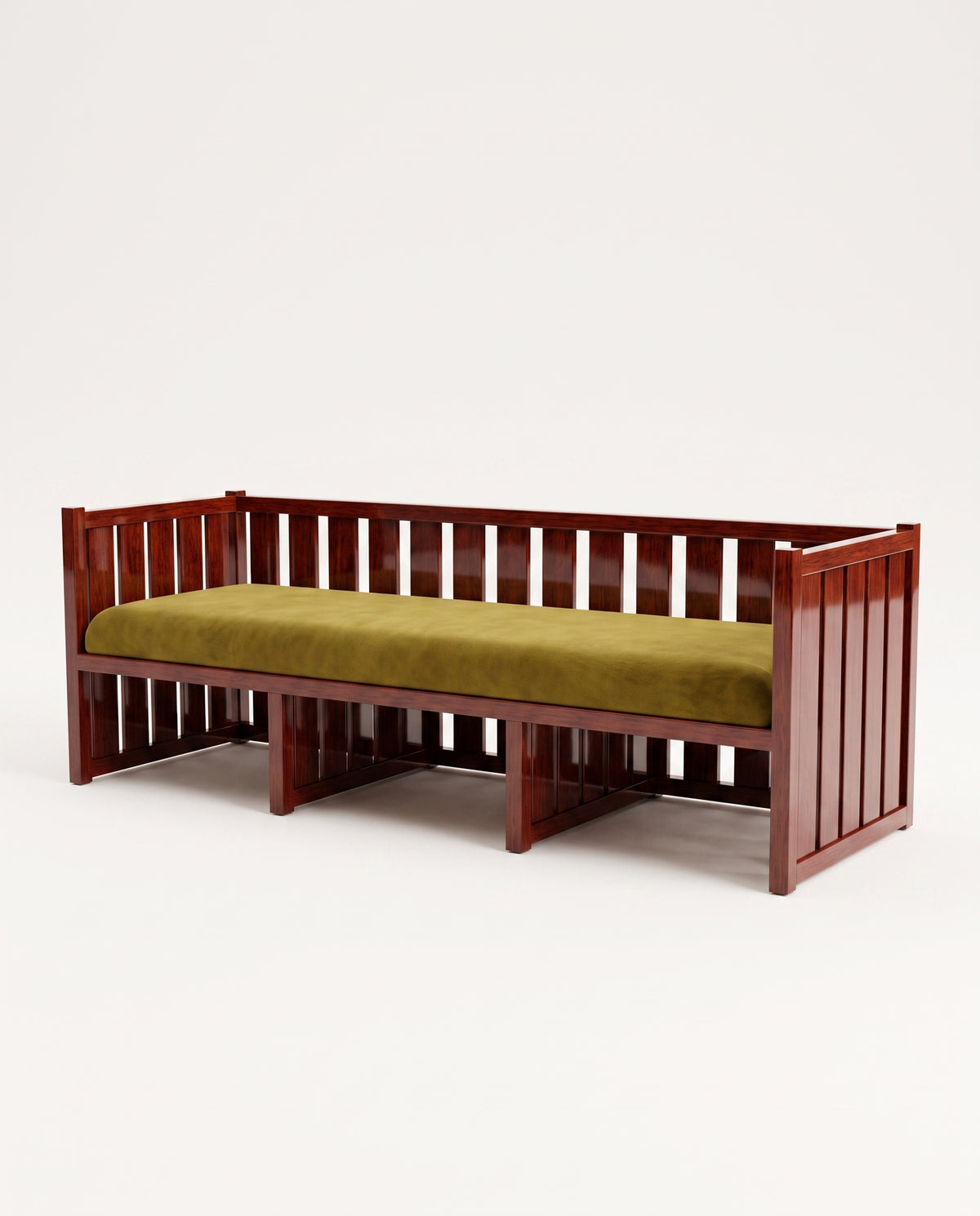 Cardinal three-seat sofa in mahogany lacquered wood with slatted frame and green velvet cushion, Monde Singulier Editions, three-quarter view