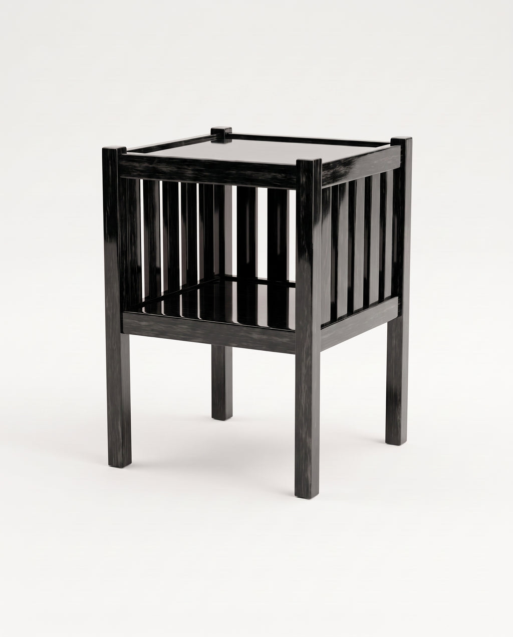 Cardinal square bedside table in black lacquered wood with slatted sides and open lower shelf, Monde Singulier Editions, three-quarter view