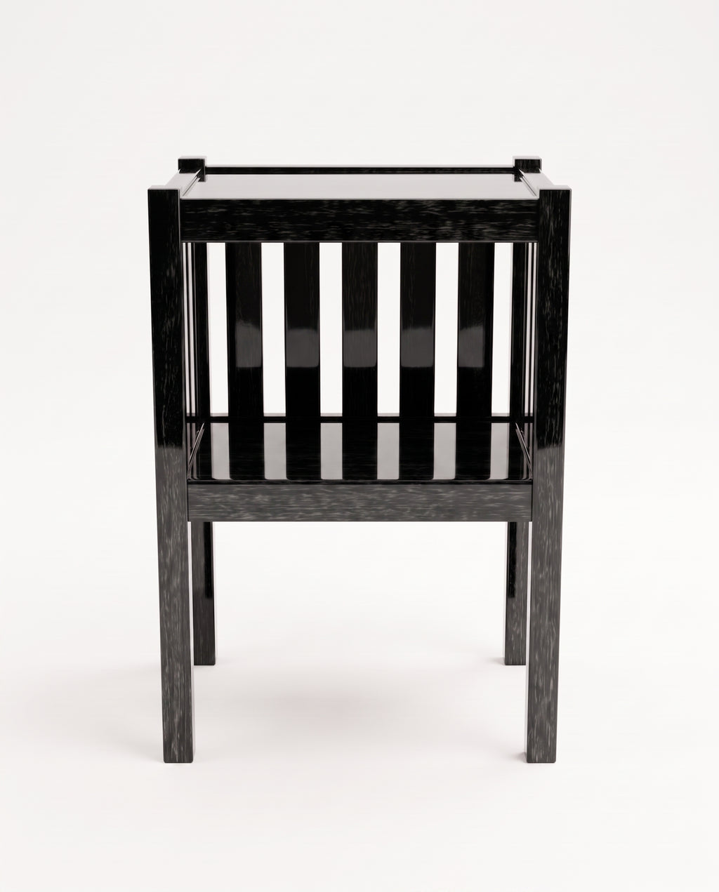 Cardinal bedside table in black lacquer, front view of the slatted sides and open shelf, Monde Singulier Editions
