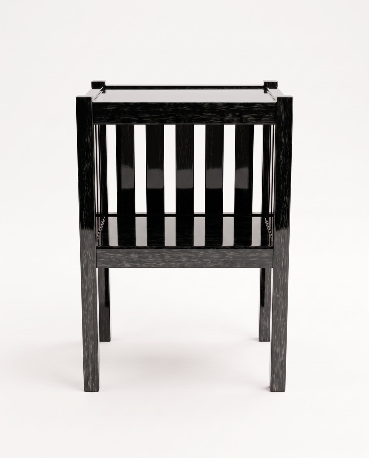 Cardinal bedside table in black lacquer, front view of the slatted sides and open shelf, Monde Singulier Editions