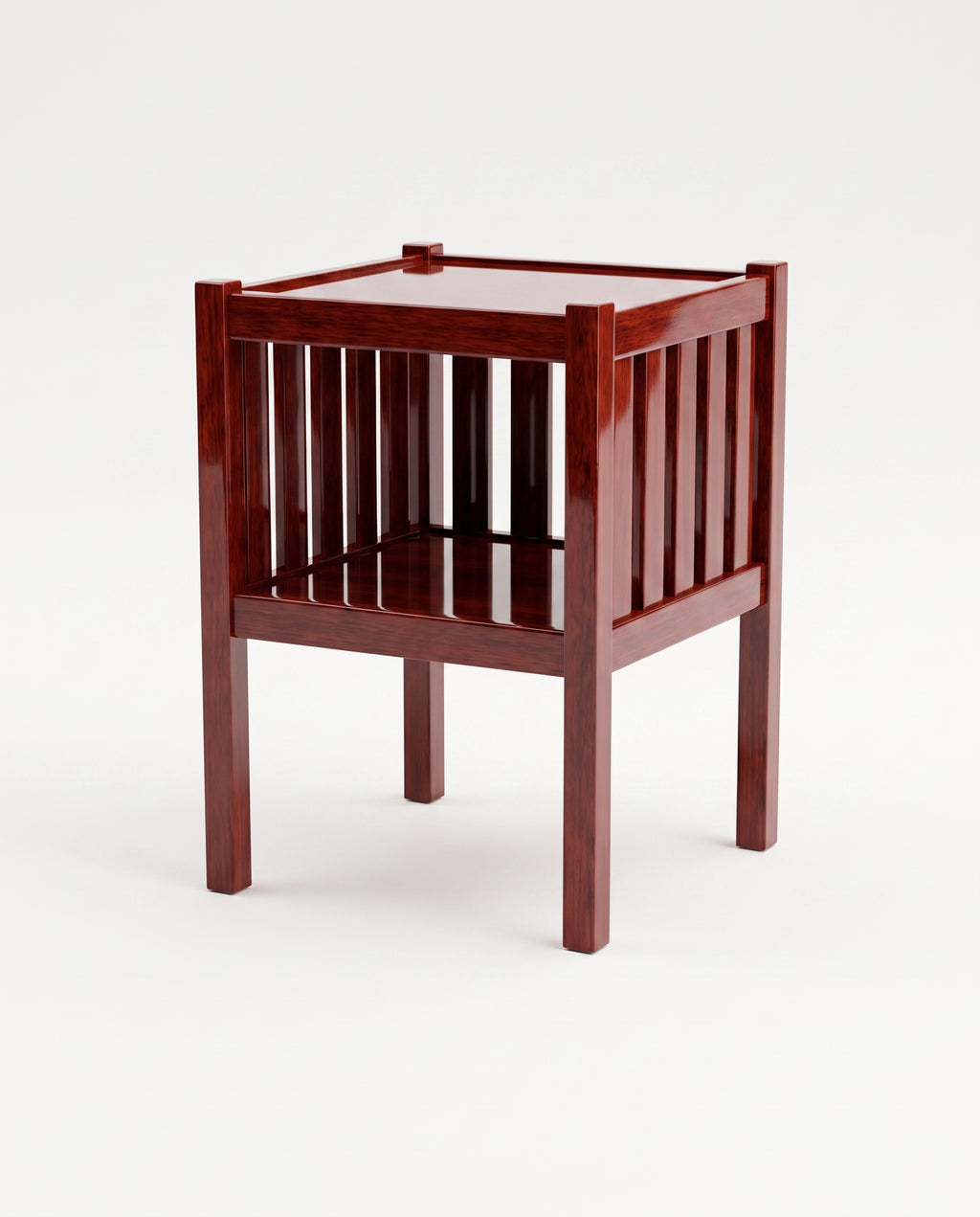 Cardinal square bedside table in mahogany lacquered wood with slatted sides and open lower shelf, Monde Singulier Editions, three-quarter view