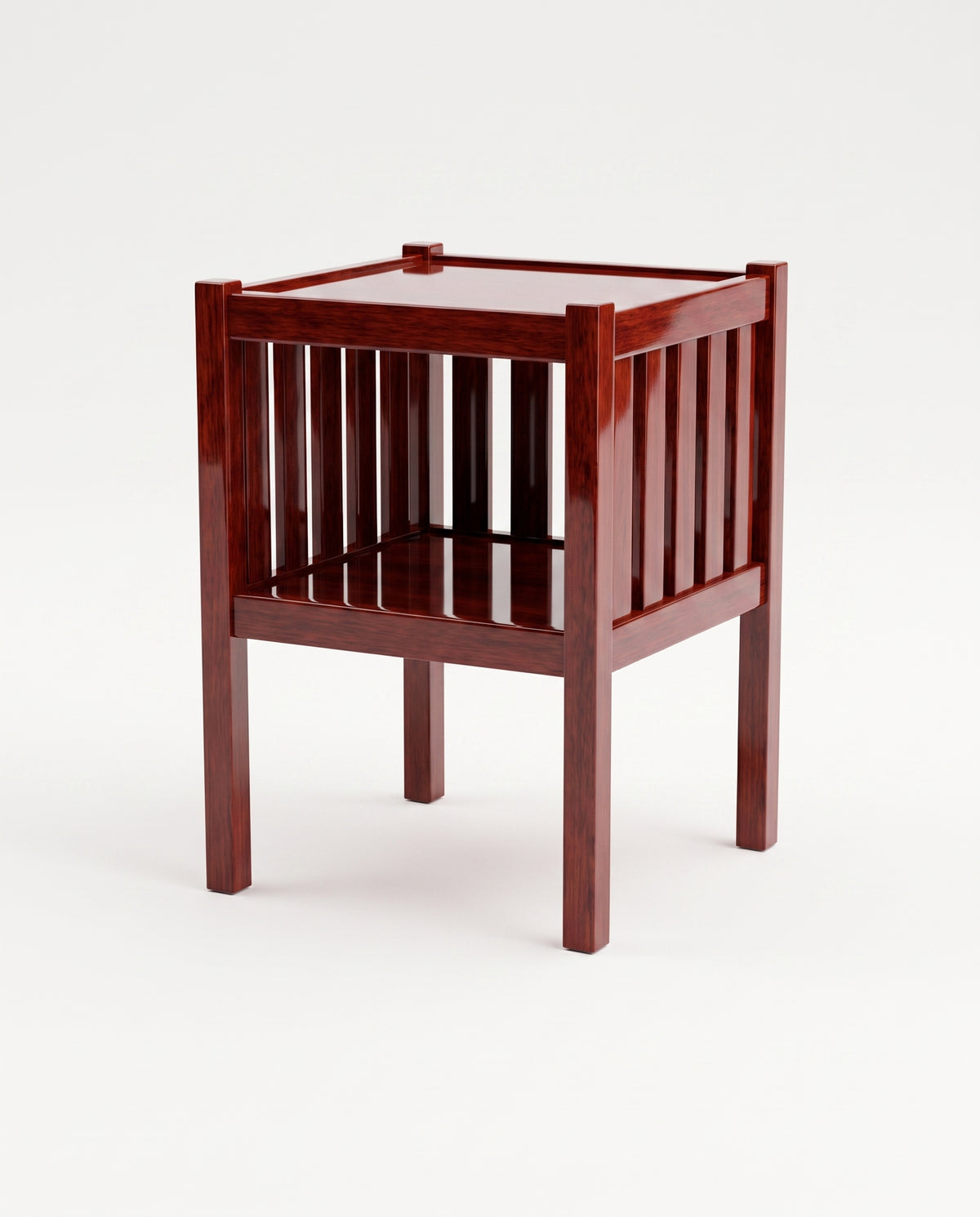 Cardinal square bedside table in mahogany lacquered wood with slatted sides and open lower shelf, Monde Singulier Editions, three-quarter view