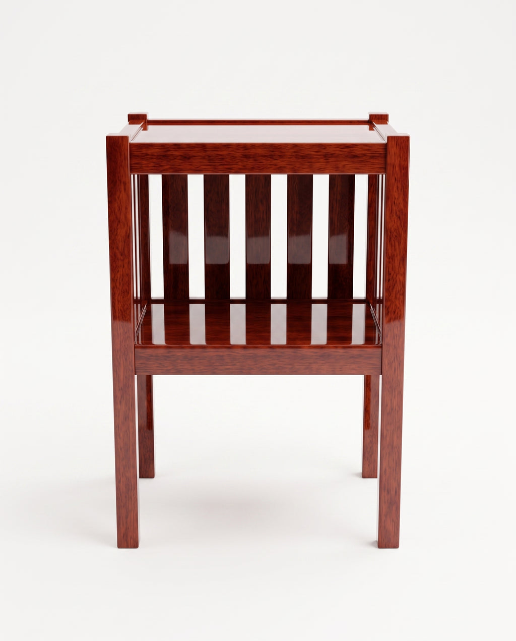 Cardinal bedside table in mahogany lacquer, front view of the slatted sides and open shelf, Monde Singulier Editions