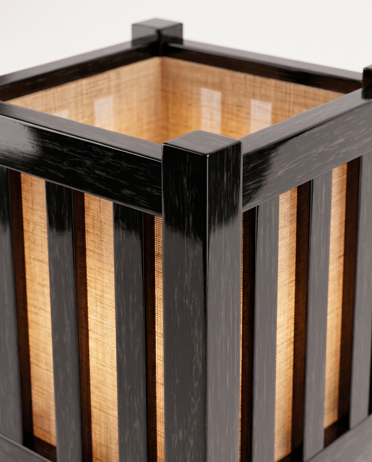 Cardinal table lamp, close-up of the black lacquer slats and joinery around the paper shade, Monde Singulier Editions