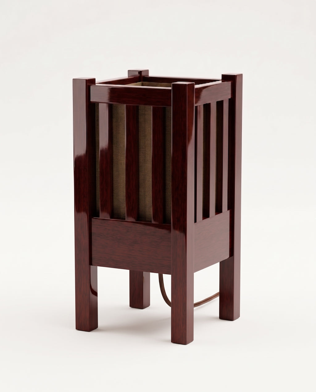 Cardinal table lamp in mahogany lacquer switched off, slatted lantern cage and paper shade, Monde Singulier Editions