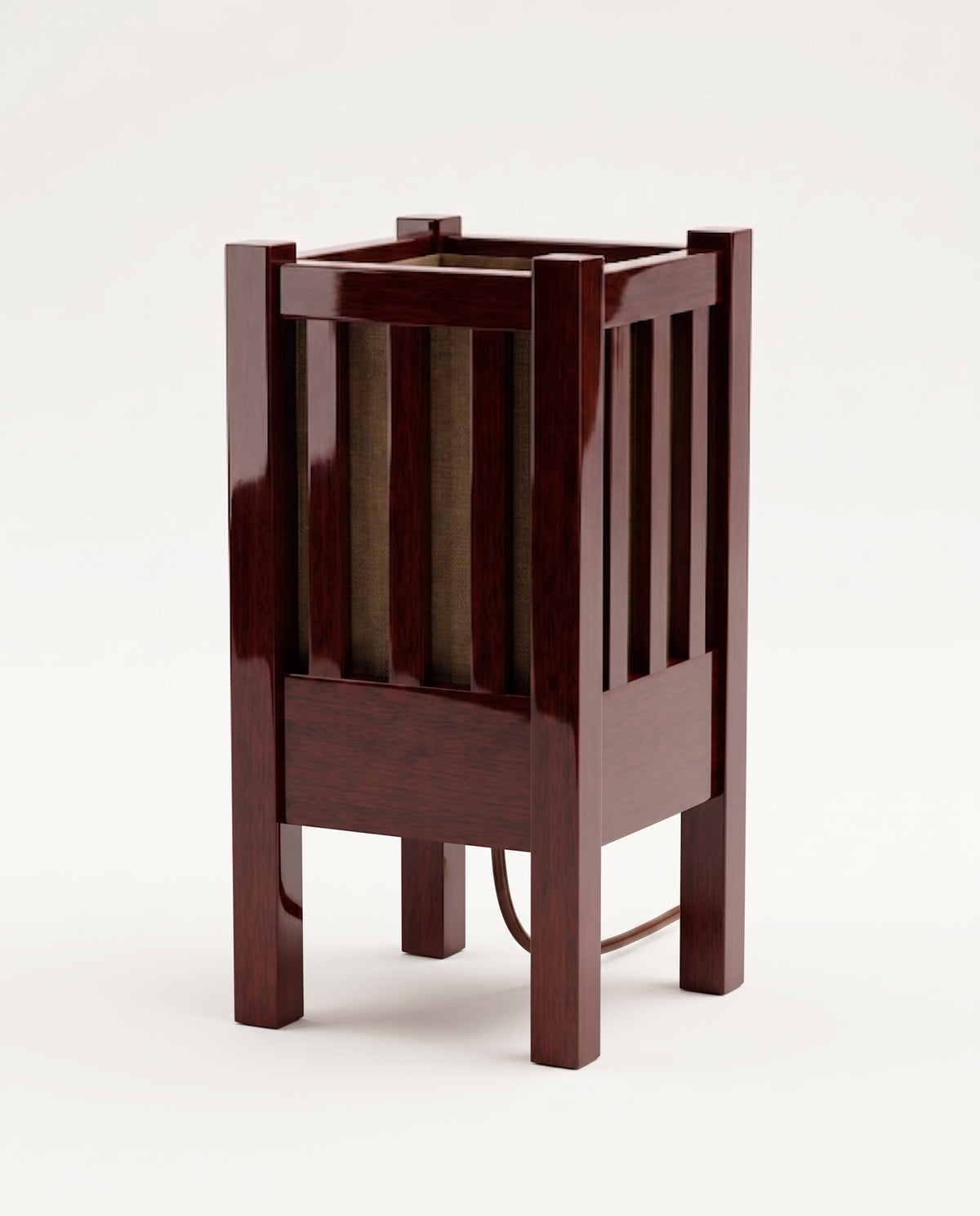 Cardinal table lamp in mahogany lacquer switched off, slatted lantern cage and paper shade, Monde Singulier Editions