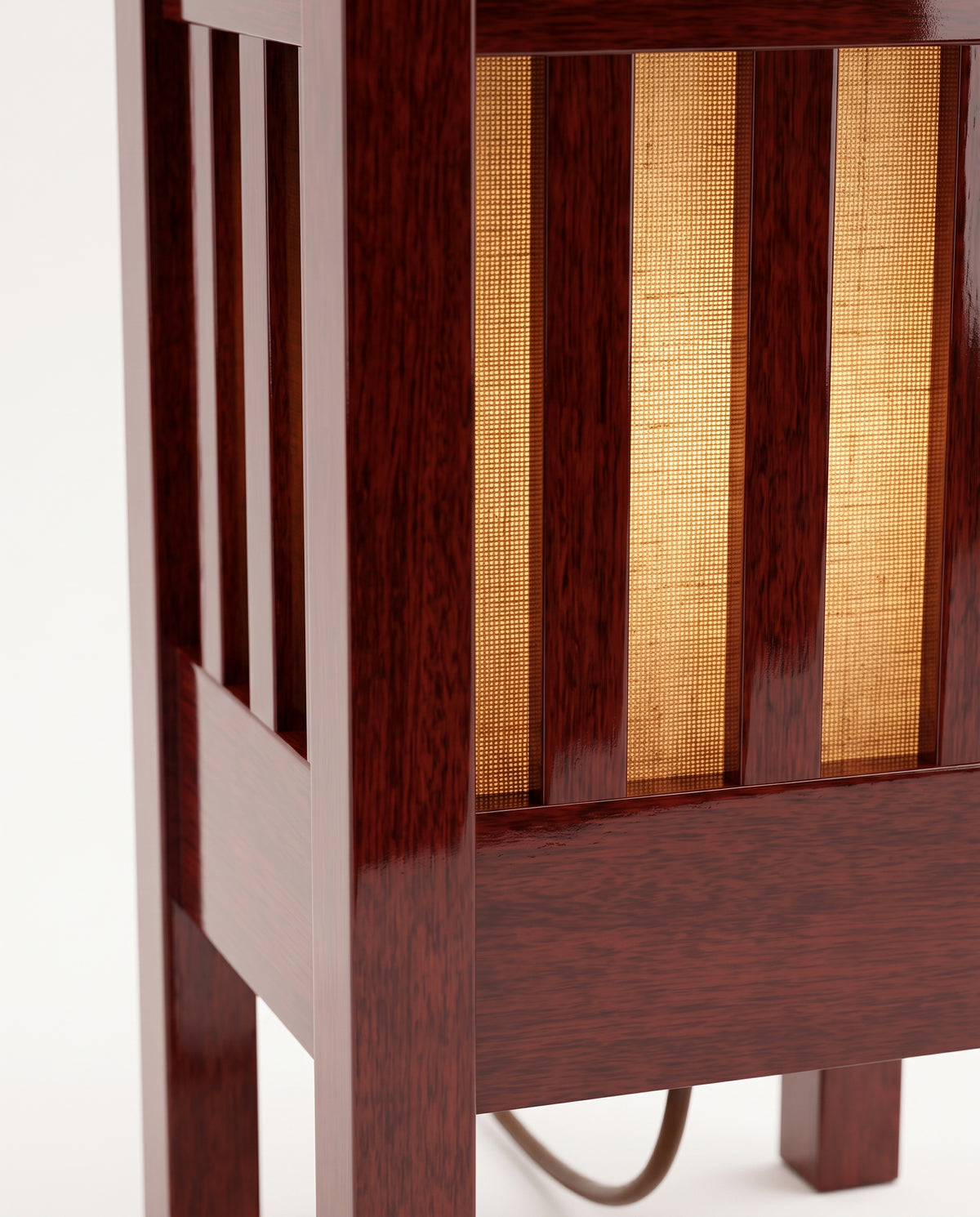 Cardinal table lamp, close-up of the mahogany lacquer slats and joinery with the paper shade glowing behind, Monde Singulier Editions