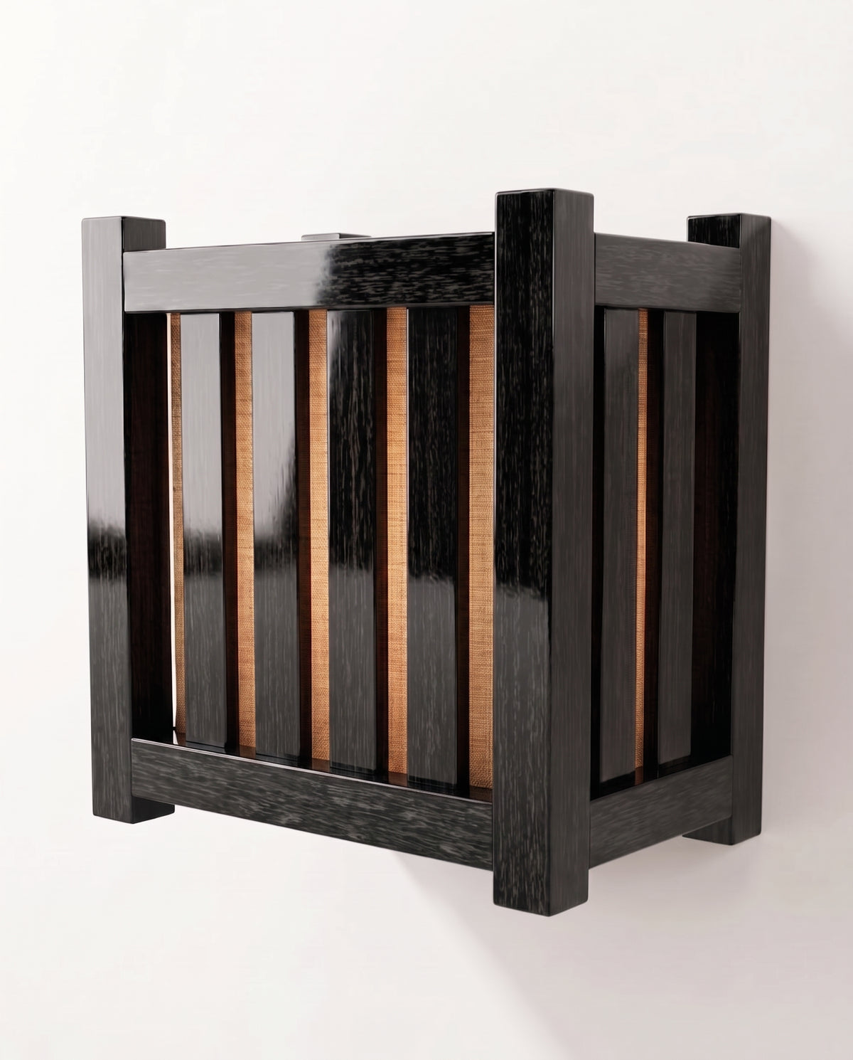 Cardinal wall sconce in black lacquered wood, half-lantern with slats over a paper diffuser mounted flat to the wall, Monde Singulier Editions