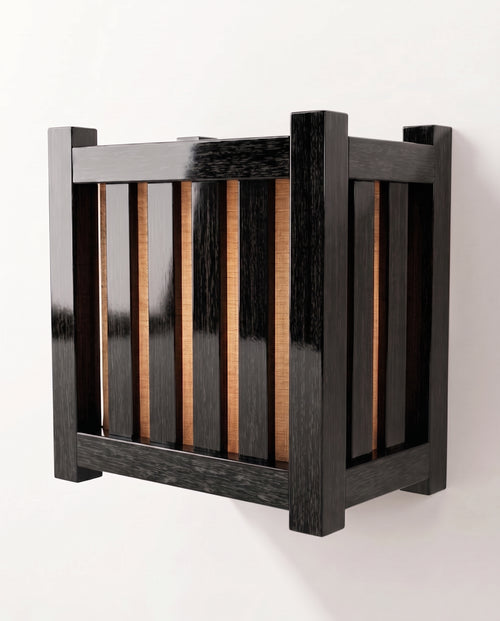 Cardinal wall sconce in black lacquered wood, half-lantern with slats over a paper diffuser mounted flat to the wall, Monde Singulier Editions